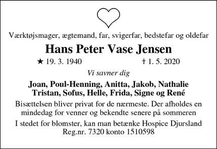 Dødsannoncen for Hans Peter Vase Jensen - Åbyhøj