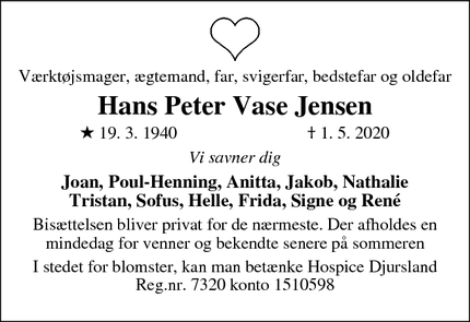 Dødsannoncen for Hans Peter Vase Jensen - Åbyhøj