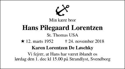 Dødsannoncen for Hans Pilegaard Lorentzen - Red Hook, st thomas