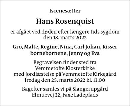 Dødsannoncen for Hans Rosenquist - Store Elmue, Faxe