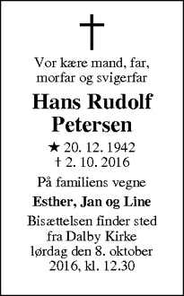 Dødsannoncen for Hans Rudolf Petersen - Kolding