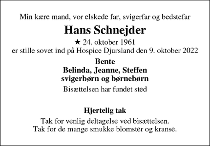 Dødsannoncen for Hans Schnejder - Randers SØ