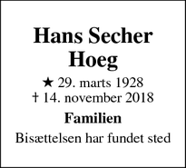 Dødsannoncen for Hans Secher Hoeg - Højbjerg