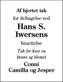 Taksigelsen for Hans S.
Iwersens - Kruså