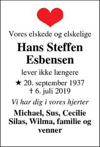 Dødsannoncen for Hans Steffen
Esbensen - Tømrergade 6, 3390 Hundested