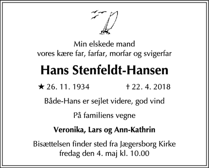 Dødsannoncen for Hans Stenfeldt-Hansen - Kgs. Lyngby