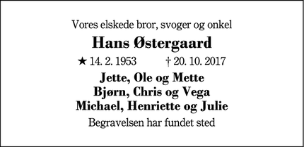 Dødsannoncen for Hans Østergaard - Herning