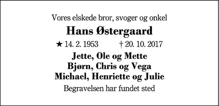 Dødsannoncen for Hans Østergaard - Herning