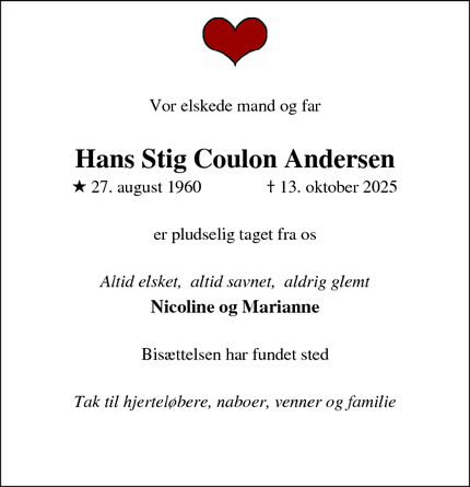 Dødsannoncen for Hans Stig Coulon Andersen - Solrød Strand
