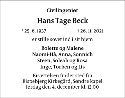 Dødsannoncen for Hans Tage Beck - Holbæk