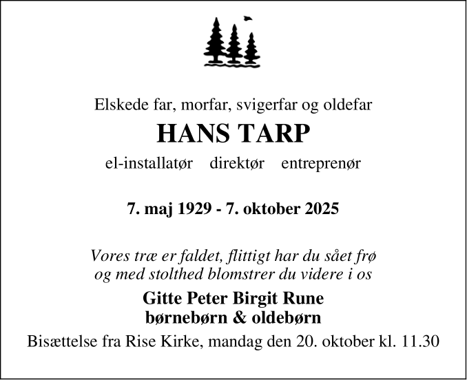 Dødsannoncen for Hans Tarp - Aabenraa