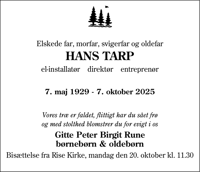 Dødsannoncen for Hans Tarp - Åbenraa