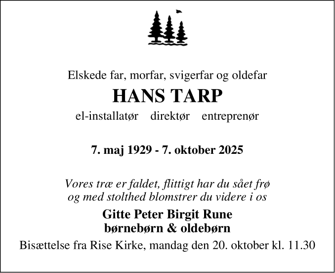 Dødsannoncen for Hans Tarp - Åbenraa