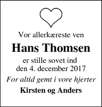 Dødsannoncen for Hans Thomsen - Ringkøbing
