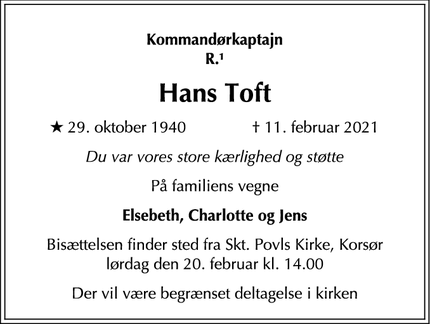 Dødsannoncen for Hans Toft - Korsør