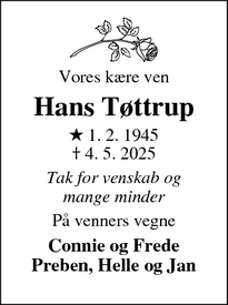 Dødsannoncen for Hans Tøttrup - Skive