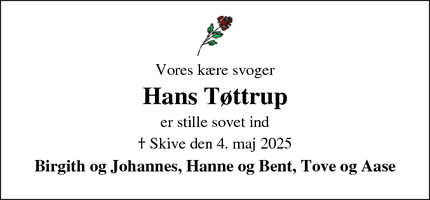 Dødsannoncen for Hans Tøttrup - Skive