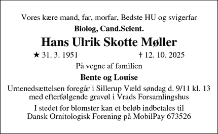 Dødsannoncen for Hans Ulrik Skotte Møller - 4244 Agersø