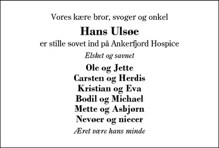 Dødsannoncen for Hans Ulsøe - Ulfborg