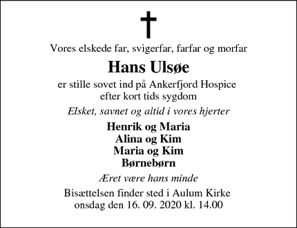 Dødsannoncen for Hans Ulsøe - Ulfborg