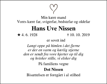 Dødsannoncen for Hans Uve Nissen - Flensborg