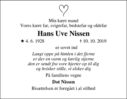 Dødsannoncen for Hans Uve Nissen - Flensborg