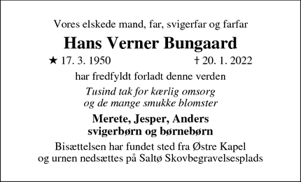 Dødsannoncen for Hans Verner Bungaard - Næstved