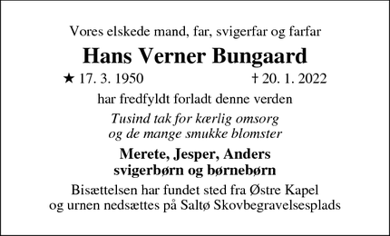 Dødsannoncen for Hans Verner Bungaard - Næstved