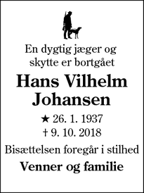 Dødsannoncen for Hans Vilhelm Johansen - Elstrup
