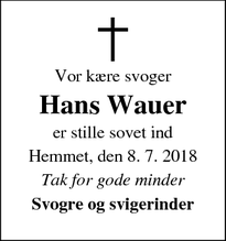 Dødsannoncen for Hans Wauer - Tarm