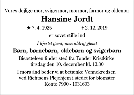 Dødsannoncen for Hansine Jordt - Tønder