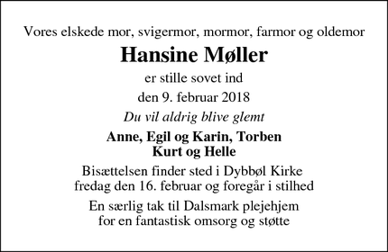 Dødsannoncen for Hansine Møller - Sønderborg