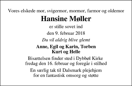 Dødsannoncen for Hansine Møller - Sønderborg