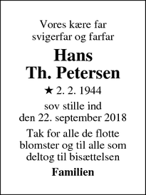 Dødsannoncen for Hans
Th. Petersen - Kirke Hyllinge