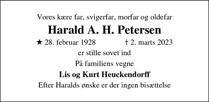 Dødsannoncen for Harald A. H. Petersen - Haderslev