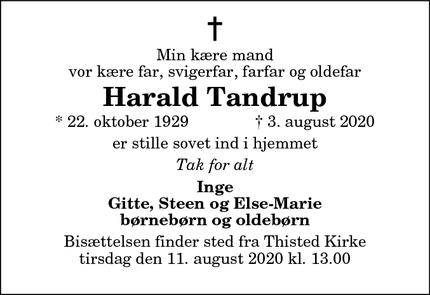 Dødsannoncen for Harald Tandrup - Thisted