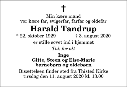 Dødsannoncen for Harald Tandrup - Thisted