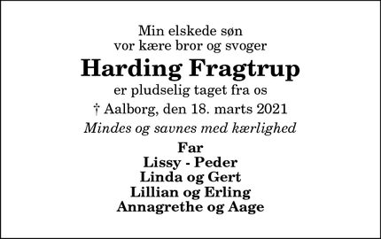 Dødsannoncen for Harding Fragtrup - Skalborg