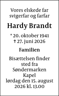 Dødsannoncen for Hardy Brandt - Rødovre
