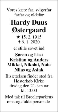 Dødsannoncen for Hardy Duus Østergaard - Hørsholm