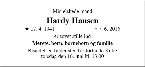 Dødsannoncen for Hardy Hansen - Ølstykke