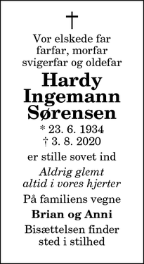 Dødsannoncen for Hardy Ingemann Sørensen - Aalborg