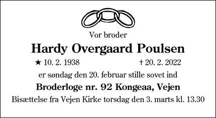 Dødsannoncen for Hardy Overgaard Poulsen - Vejen
