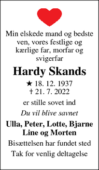 Dødsannoncen for Hardy Skands - Assens