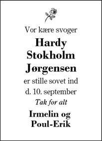 Dødsannoncen for Hardy Stokholm
Jørgensen - Kølkær 7400 Herning