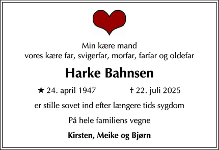 Dødsannoncen for Harke Bahnsen - Frederiksberg