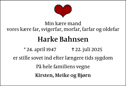 Dødsannoncen for Harke Bahnsen - Frederiksberg