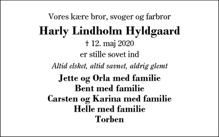 Dødsannoncen for Harly Lindholm Hyldgaard - Herning
