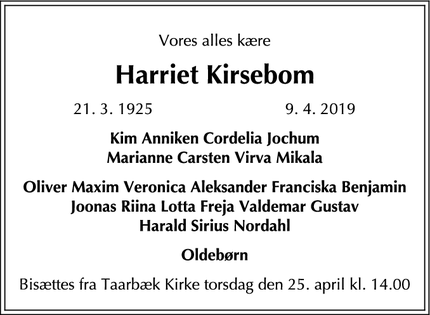 Dødsannoncen for Harriet Kirsebom - Risskov