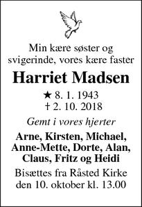 Dødsannoncen for Harriet Madsen - Ulfborg